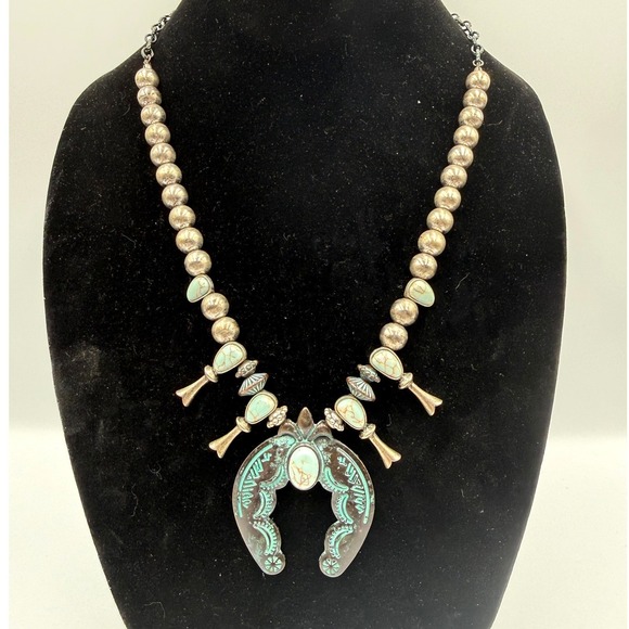 Jewelry - Western Turquoise Squash Blossom Naja Horseshoe Necklace Silver Tone Statement